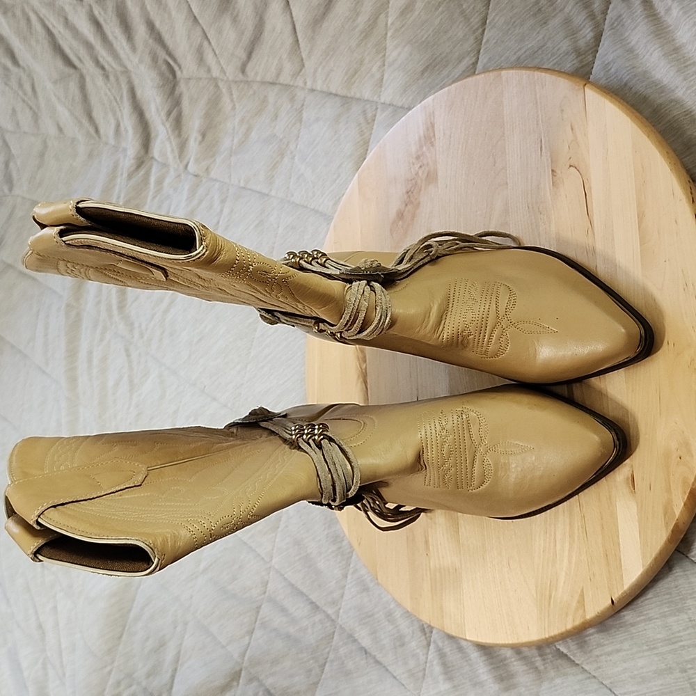 ACME Vintage Beige Heeled Western Boots Pointed Toe Concho Beaded Ankle Detail 8 - Picture 3 of 10